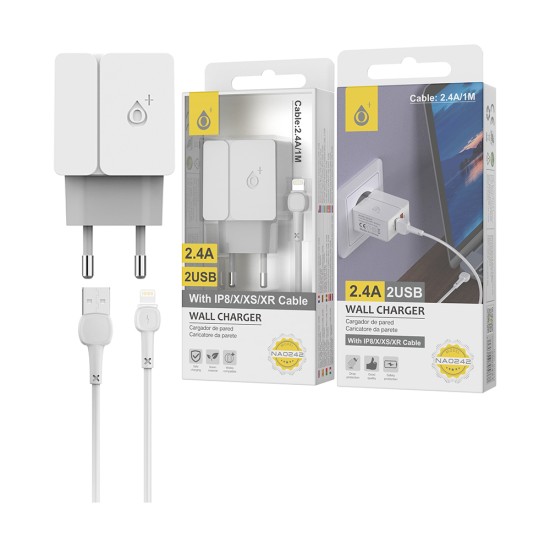 Carregador de Parede EU OnePlus NA0242 com Cabo para IP8/X/XS/XR 2 USB 5V/2,4 Branco